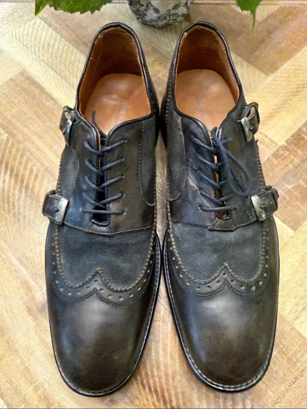 John Varvatos Dark Brown Suede & Leather Brogue Monk Strap Oxfords